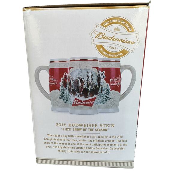 2015 Budweiser Holiday Beer Stein NIB First Snow Of Season 35th Anniversary COA - Picture 10 of 14